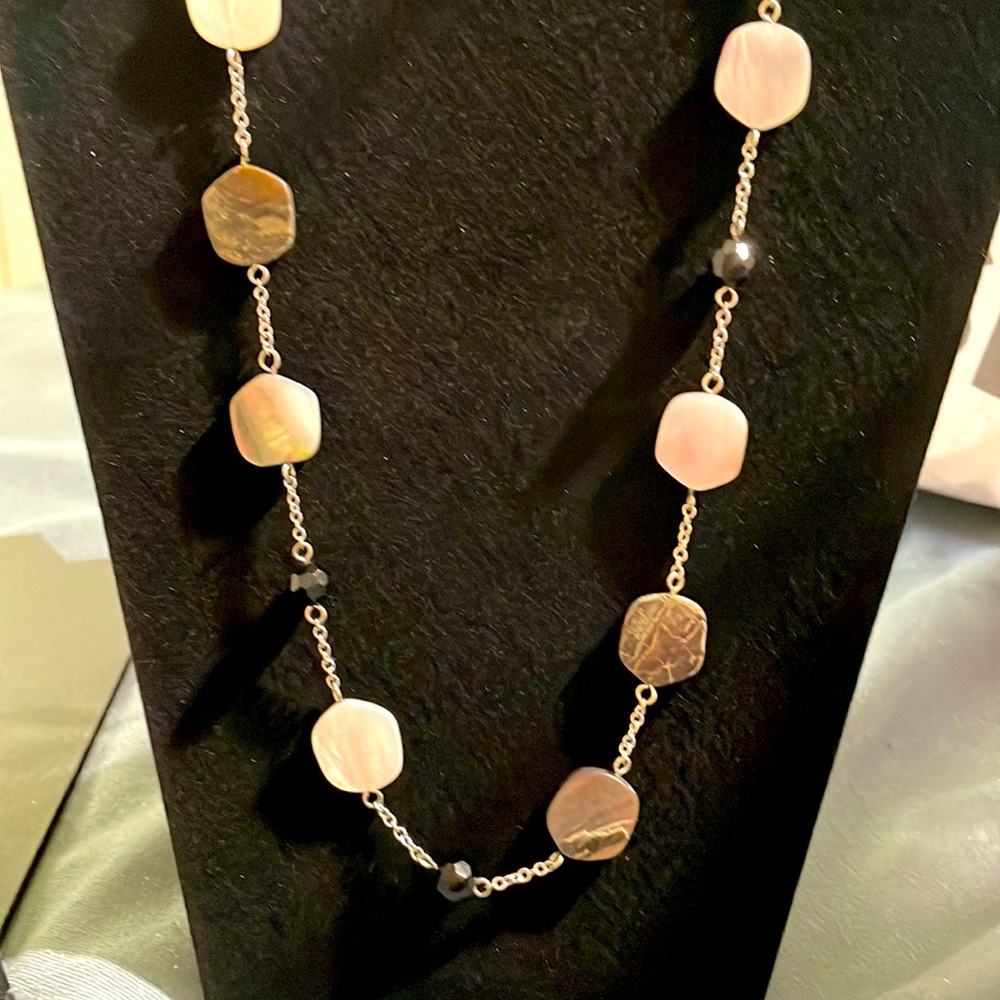 Lia Sophia long silver necklace with mother of pearl beading
